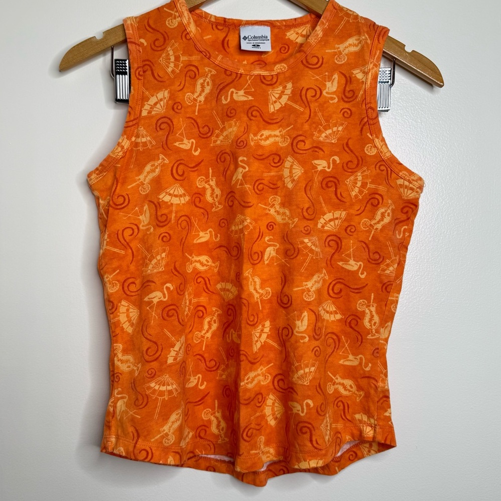 Columbia Novelty Print Cotton Tank Top Women’s Size Small Orange Beach Vacay